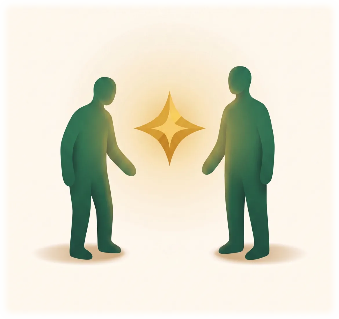 Illustration: zwei Personen einander zugewandt, zwischen ihnen leuchtet ein großer goldener Funke